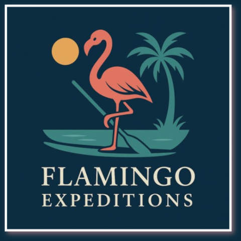 Flamingo logo with palm tree, sun, and text 'Flamingo Expeditions' on blue background.